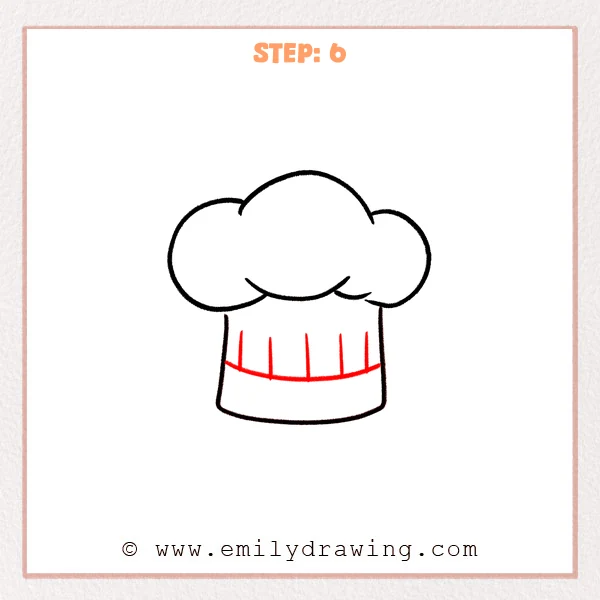 how to draw a chefs hat - Step 6 adds a curved band line across the chef’s hat brim and several short vertical pleat lines to show fabric texture.